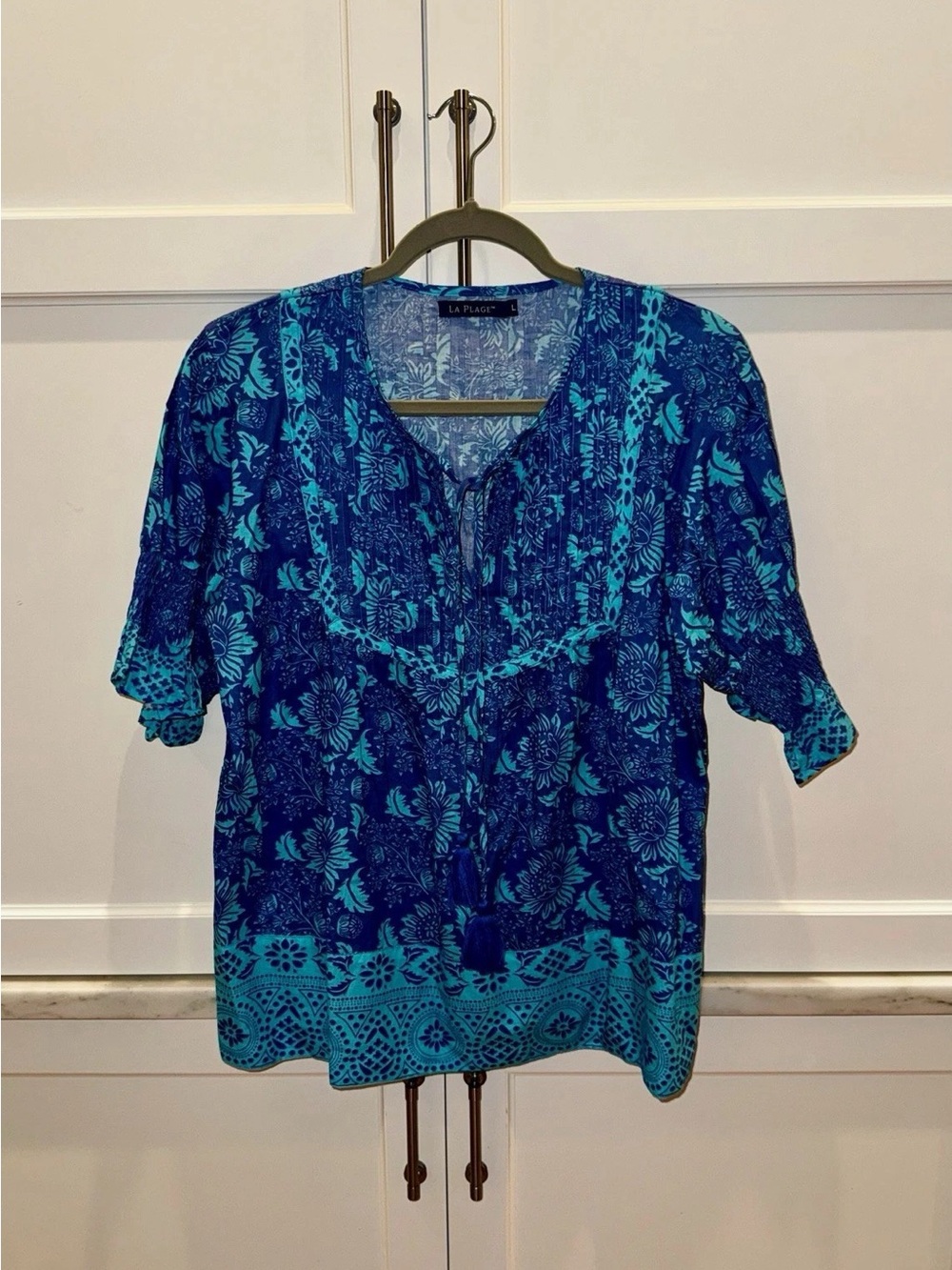 La Plage Blue Floral Tie-Neck Boho Blouse